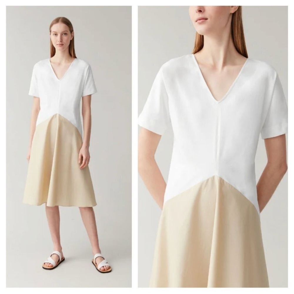 COS Draped Panel Cotton Jersey Dress Knee Length Two Tone White Beige